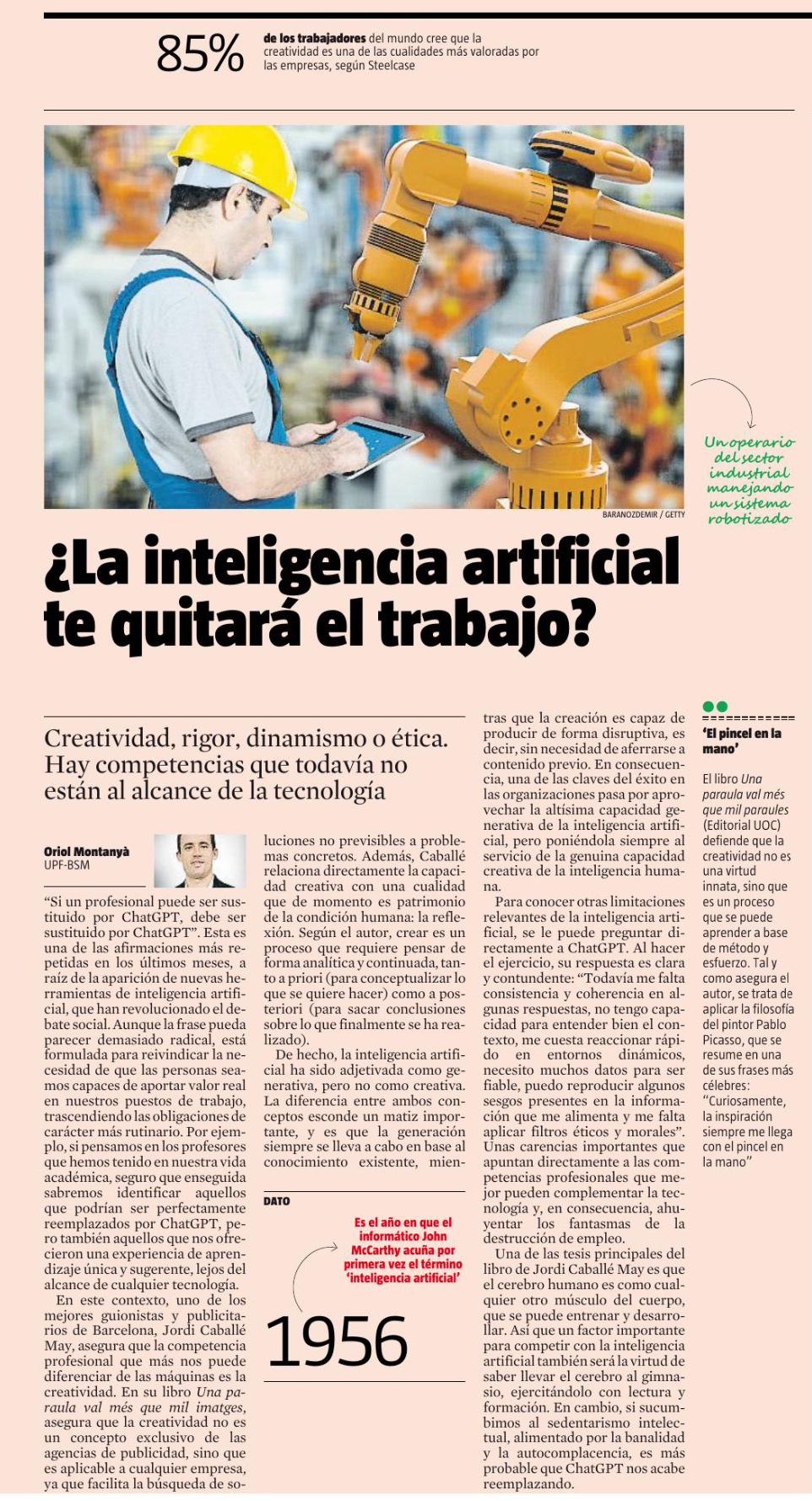 “¿La inteligencia artifical te quitará el trabajo?”. Article a La Vanguardia